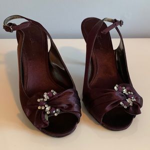 Wine 3 1/2” open toe heels, with rhinestones